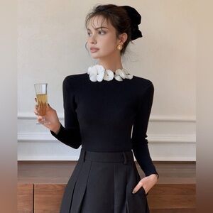 Solid Long Sleeve Floral Knit Top